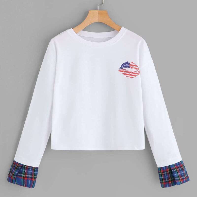 

Contrast Plaid Lip Print Tee, White
