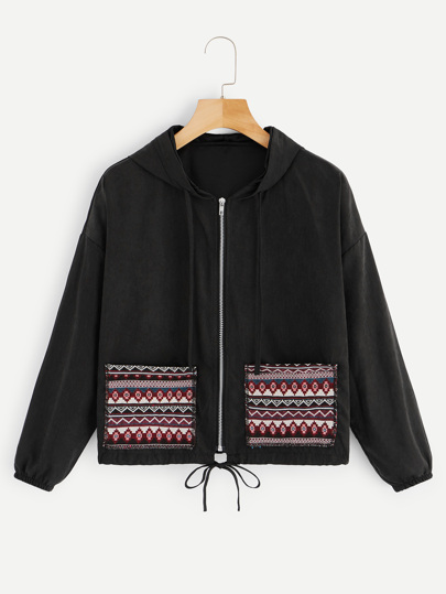 Geometrical Pattern Drawstring Hooded Jacket pictures