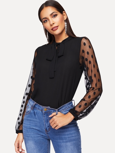 Tie Neck Polka Dot Mesh Sleeve Top pictures