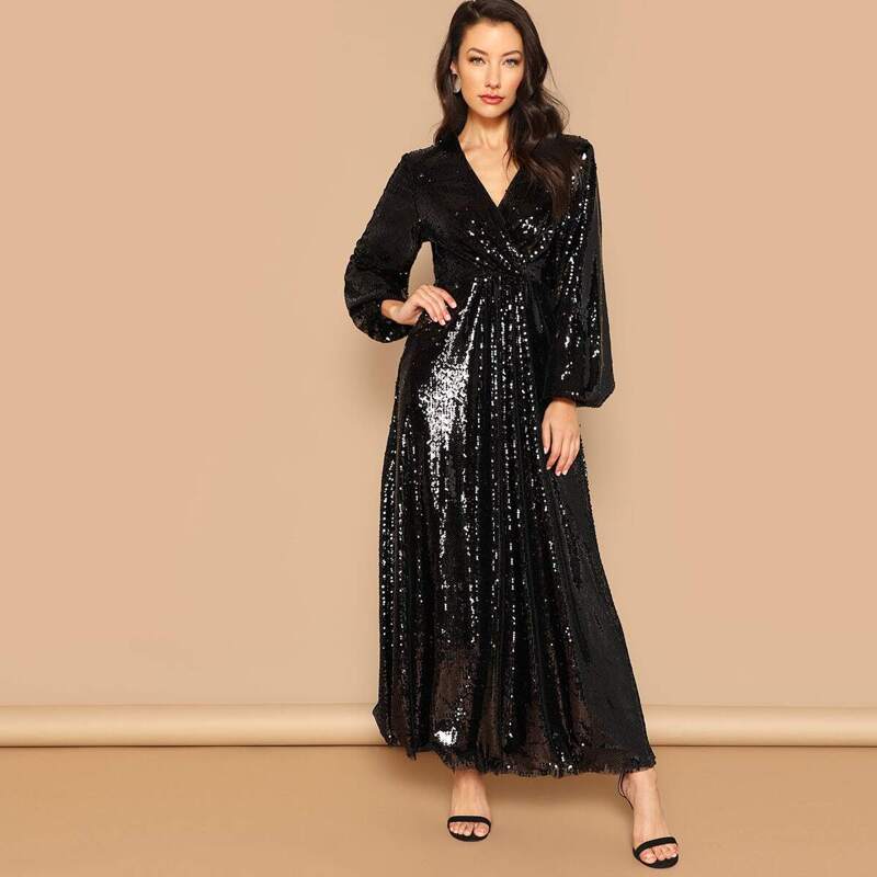 

Surplice Wrap Prom Maxi Sequin Dress, Black