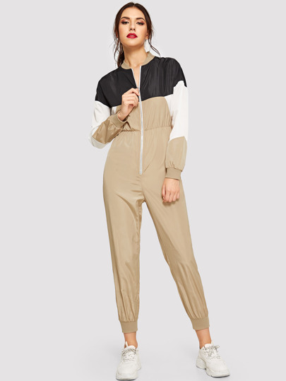 Zip Front Elastic Waist Cut-and-sew Jumpsuit pictures