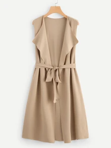 SHEIN Clasi Bow Tie Waist Longline Belted Sleeveless Duster - Khaki - View 1