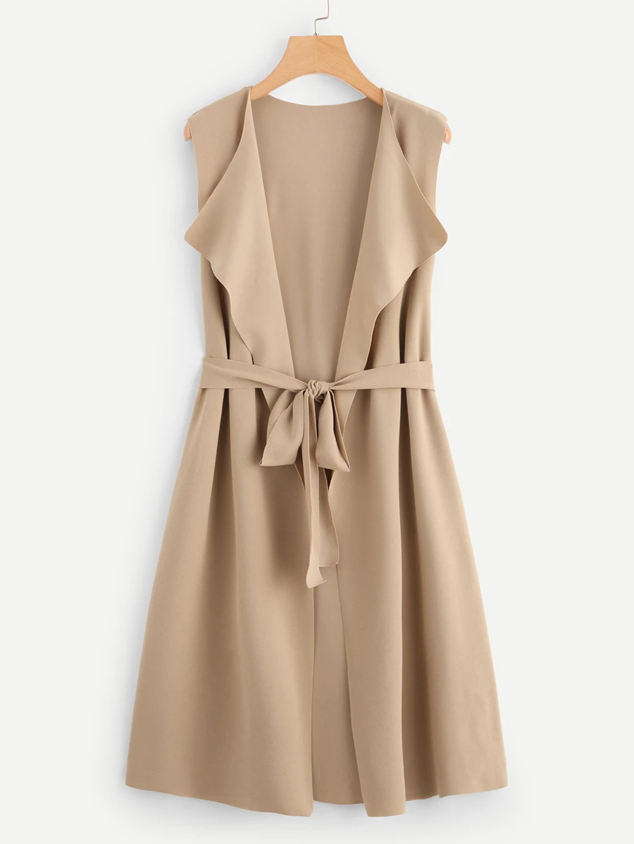 SHEIN Clasi Bow Tie Waist Longline Belted Sleeveless Duster - Khaki - View 1