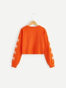 SHEIN 女孩字母印花毛邊運動衫 - 橘色 - 查看 2