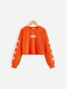 SHEIN 女孩字母印花毛邊運動衫 - 橘色 - 查看 1