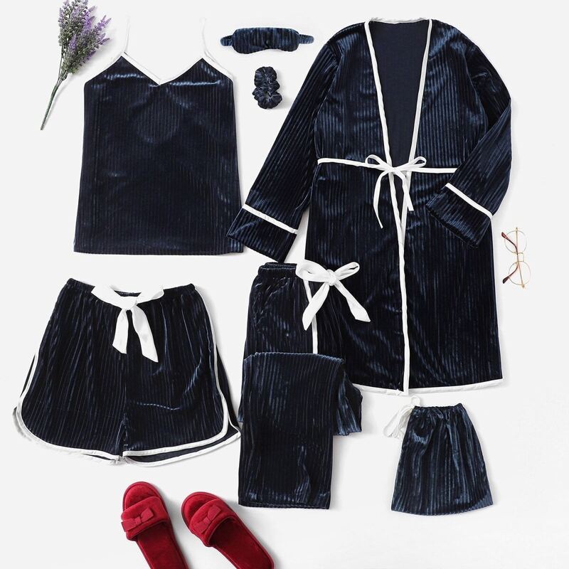 

7Pcs Velvet Cami Pajama Set With Robe, Navy