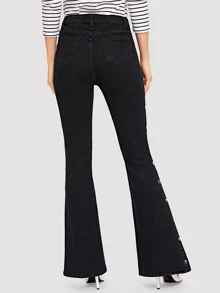 Button Side Flare Leg Jeans - Black - View 2