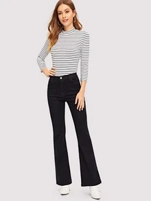 Button Side Flare Leg Jeans - Black - View 4