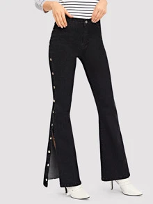 Button Side Flare Leg Jeans - Black - View 3