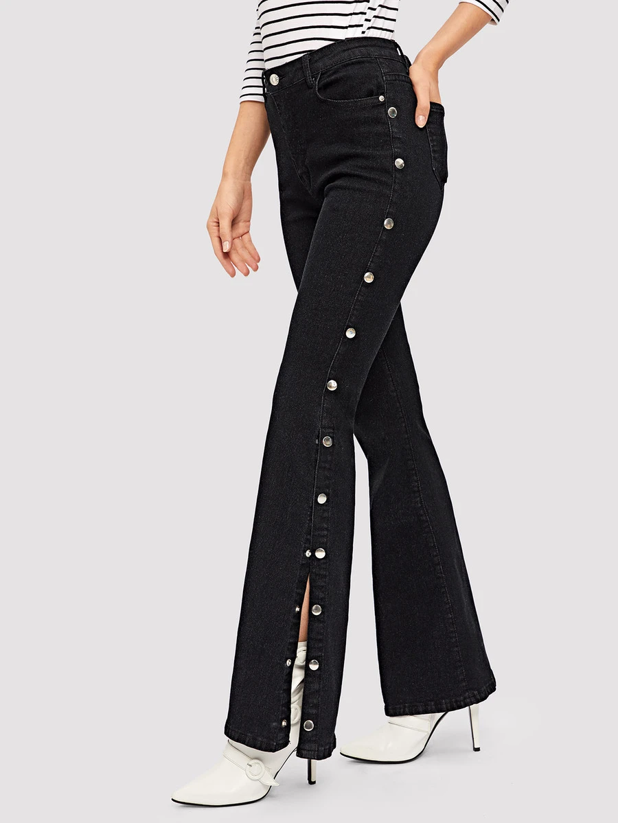 Button Side Flare Leg Jeans - Black - View 1