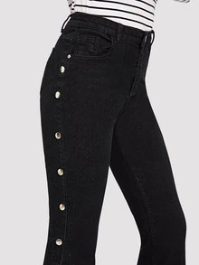 Button Side Flare Leg Jeans - Black - View 5