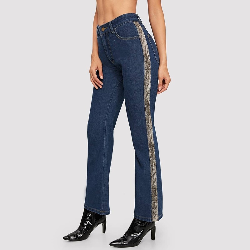 

Snake Skin Tuxedo Stripe Flare Leg Jeans, Navy
