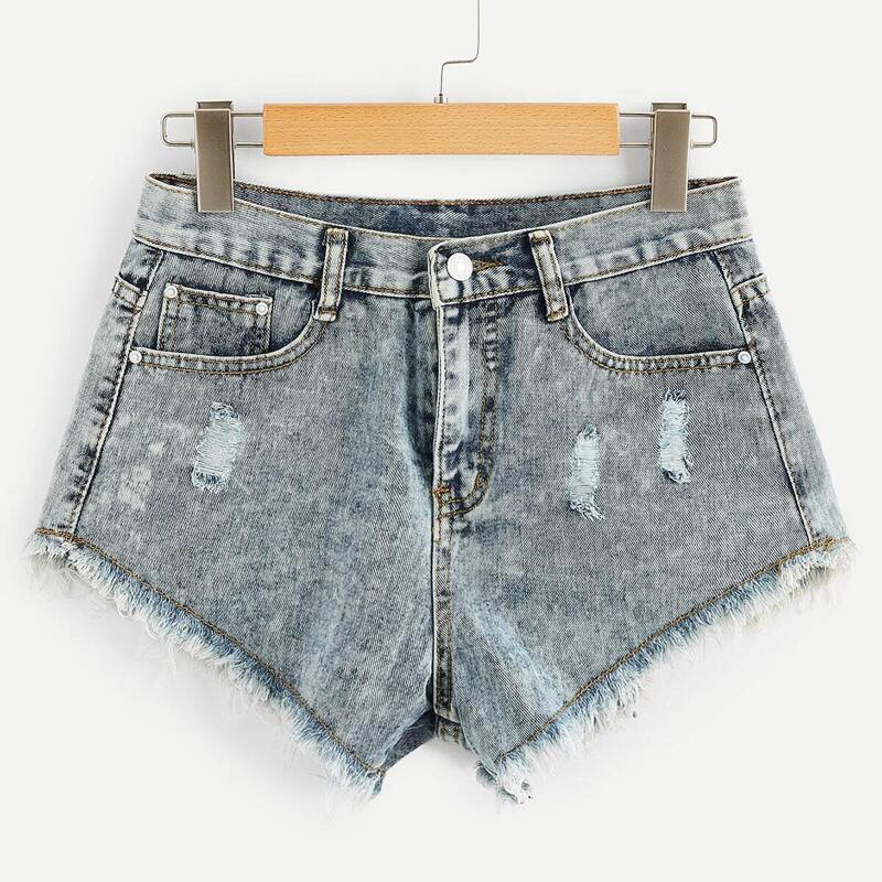 

Bleach Wash Ripped Denim Shorts, Blue