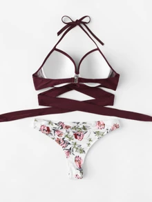 Random Flower Print Push-Up Bikini Set Summer Beach - Multicolor - View 3