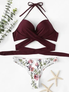 Random Flower Print Push-Up Bikini Set Summer Beach - Multicolor - View 1