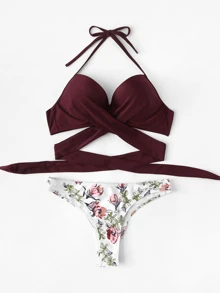Random Flower Print Push-Up Bikini Set Summer Beach - Multicolor - View 2