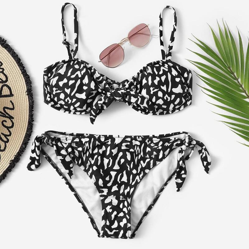 Knot Print Top With Tie Side Bikini Set, Black and white