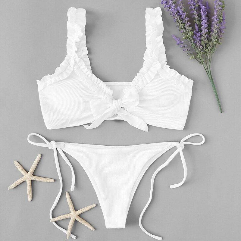 

Frill Top With Tie Side Bikini Set, White