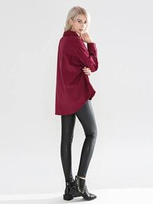 SHEIN 口袋貼布牛仔襯衫 - 酒紅色 - 查看 2