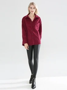 SHEIN 口袋貼布牛仔襯衫 - 酒紅色 - 查看 3