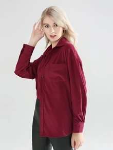SHEIN 口袋貼布牛仔襯衫 - 酒紅色 - 查看 4