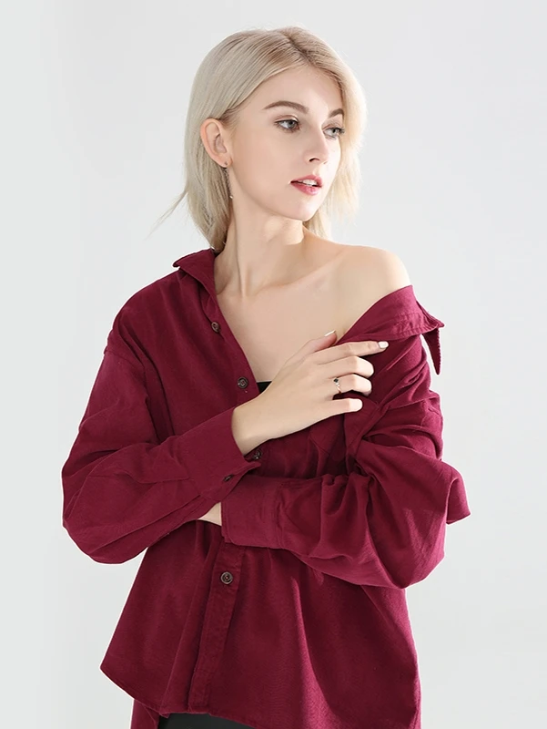 SHEIN 口袋貼布牛仔襯衫 - 酒紅色 - 查看 1