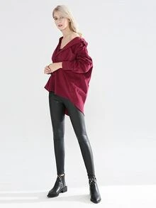 SHEIN 口袋貼布牛仔襯衫 - 酒紅色 - 查看 5