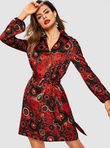 Self Belted Circle Print Dress