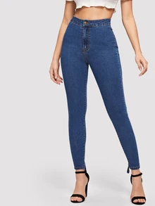 SHEIN Lace-up Hem Skinny Jeans - Dark Wash - View 2