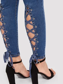 SHEIN Lace-up Hem Skinny Jeans - Dark Wash - View 4