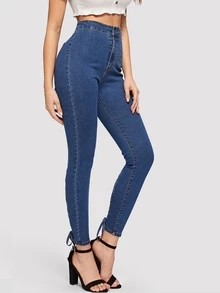 SHEIN Lace-up Hem Skinny Jeans - Dark Wash - View 3