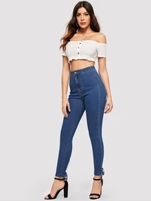 SHEIN Lace-up Hem Skinny Jeans - Dark Wash - View 5