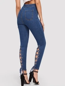 SHEIN Lace-up Hem Skinny Jeans - Dark Wash - View 1