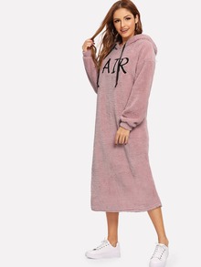 Drawstring Hooded Letter Teddy Sweatshirt Dress
