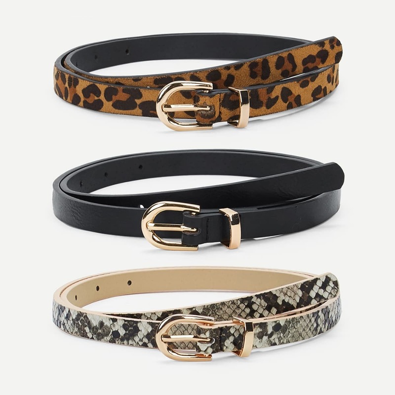 

Mix Pattern Metal Buckle Skinny Belt 3pack, Multicolor