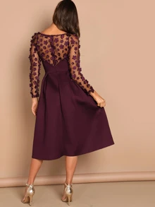 SHEIN Flower Applique Mesh Panel Skater Midi Dress - Burgundy - View 2