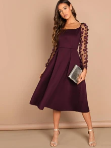 SHEIN Flower Applique Mesh Panel Skater Midi Dress - Burgundy - View 4