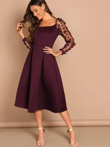 SHEIN Flower Applique Mesh Panel Skater Midi Dress - Burgundy - View 1