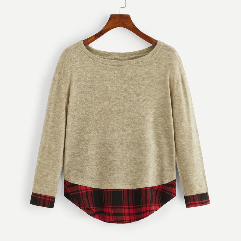 

Contrast Plaid Curved Hem Sweater, Khaki