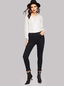 Blusa de cuello con fruncido de manga raglán con encaje en contraste - Blanco - Ver 3