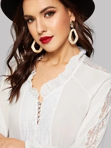 Blusa de cuello con fruncido de manga raglán con encaje en contraste - Blanco - Ver 4