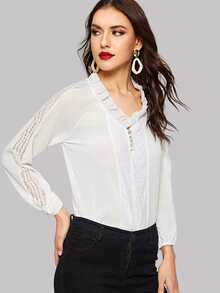 Blusa de cuello con fruncido de manga raglán con encaje en contraste - Blanco - Ver 5