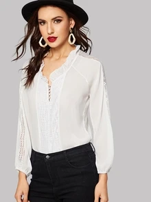 Blusa de cuello con fruncido de manga raglán con encaje en contraste - Blanco - Ver 1