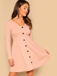 Button Front Rib-knit Dress