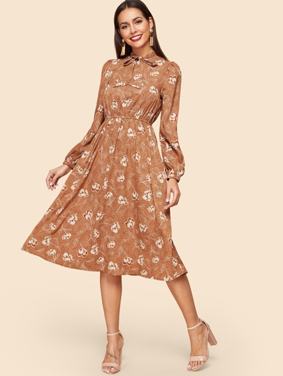 Allover Botanical Print Tie Neck Dress pictures