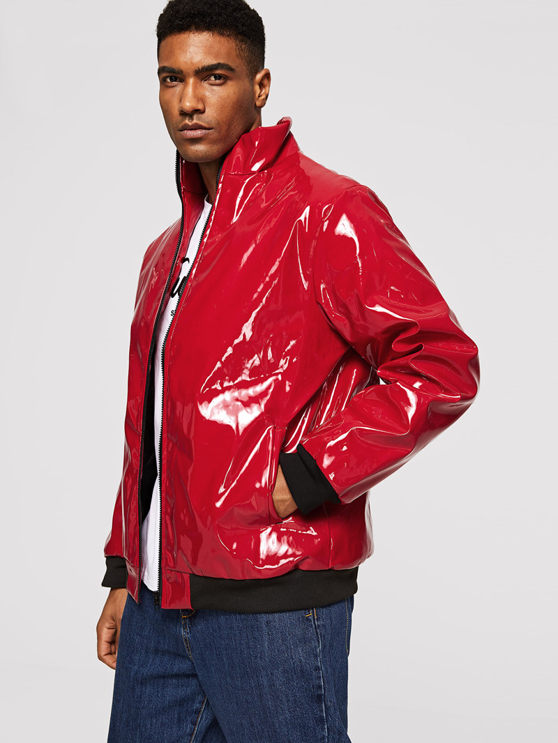 Guys Contrast Trim Zip Up Faux Patent Jacket