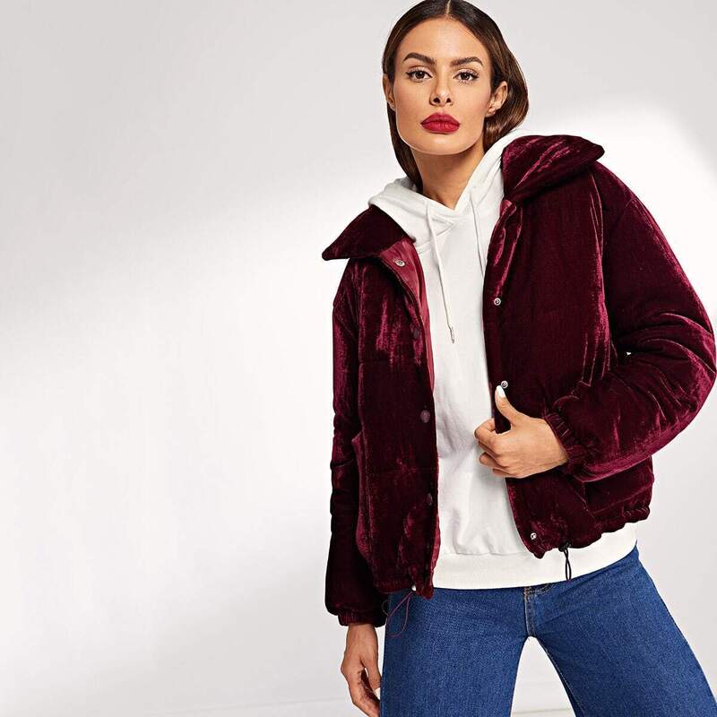 

Drawstring Hem Button Up Velvet Puffer Coat, Burgundy