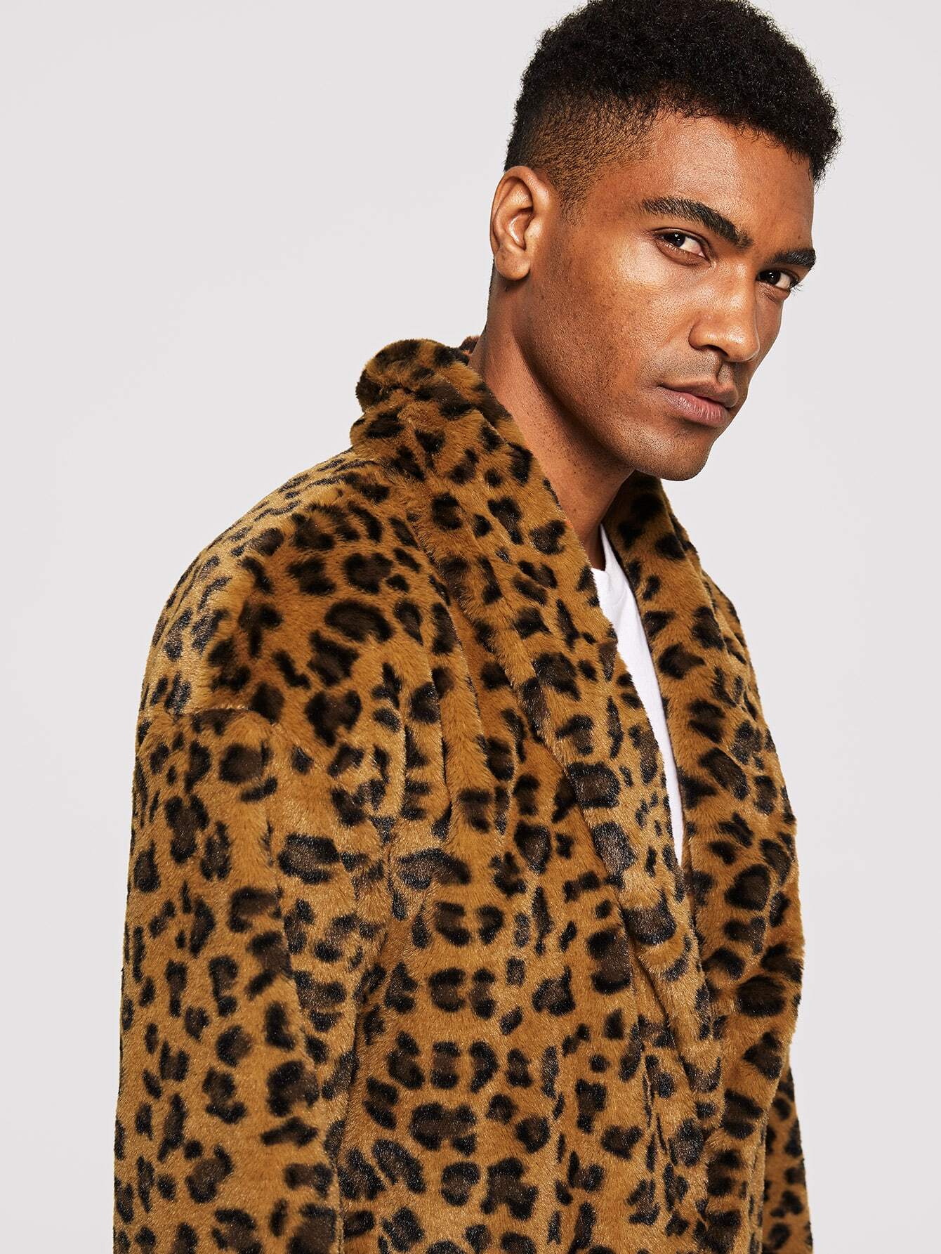 men shawl collar patch pocket front leopard teddy coat -shein