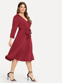 Plus Surplice Neck Belted Wrap Solid Dress
