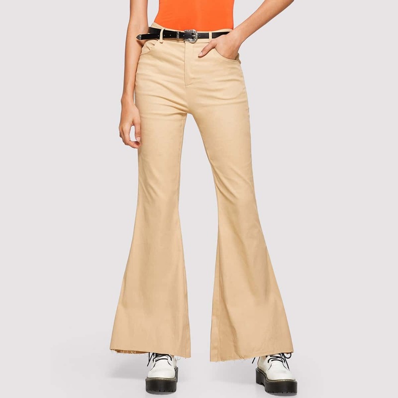 

Slant Pocket Flare Leg Pants Without Belt, Khaki